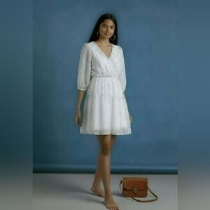 Anthropologie midi dress sz S white/navy puff 3Q sleeve nautical travel coastal